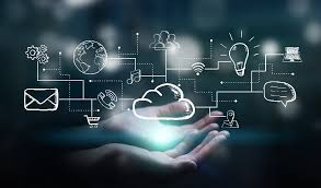 A hand extends into the frame, presenting four options: internet, email, cloud, and a lightbulb. Each option is represented by a symbolic icon, creating a visual representation of digital choices. The hand gesture suggests offering or selecting from these technological possibilities.