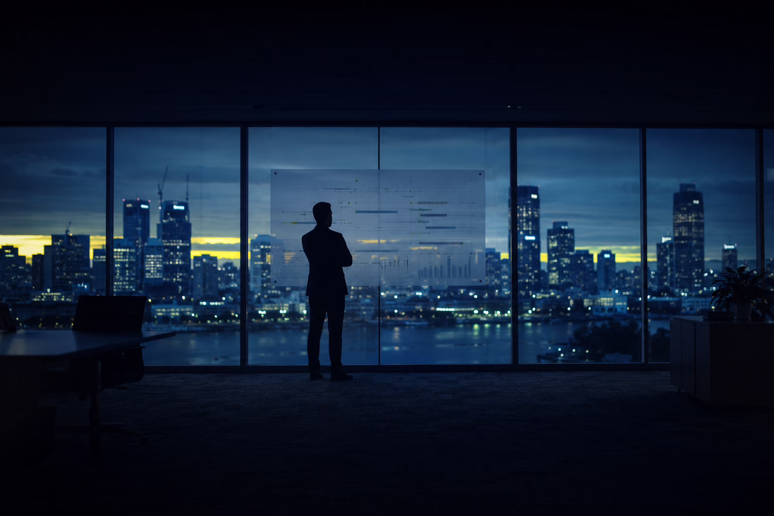 Executive reviewing a planning chart against a city skyline at dusk